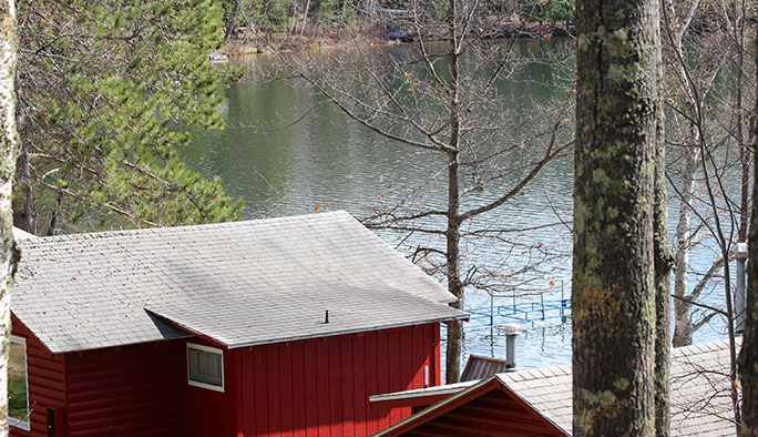 red cabin with water skis